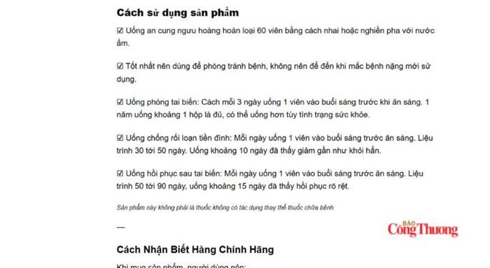 Hướng dẫn “uống phòng tai biến” trên maikorea.com nằm ngay phía trên dòng khuyến cáo sản phẩm không phải thuốc.
