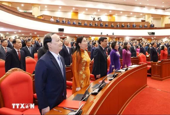 Các đại biểu thực hiện nghi lễ chào cờ. (Ảnh: Thống Nhất/TTXVN)