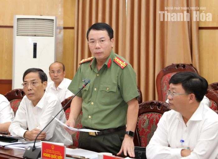 Giám đốc Công an tỉnh Hoàng Quốc Việt phát biểu tại hội nghị.