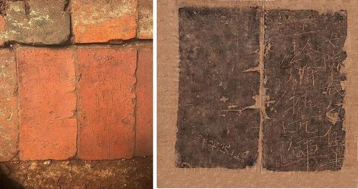Gạch có chữ "Đại đội trưởng (thập) ngũ quân, Ngọc Kiềm vệ Phê Cang quân) niên đại 1466 thời Lê Thánh Tông, trên nền điện Kính Thiên thuộc Đông quân phủ của Đông Đạo (Hải Dương và An Bang tức khu vực Hải Phòng ngày nay). Ảnh: Trung tâm Bảo tồn Di sản Thăng Long - Hà Nội