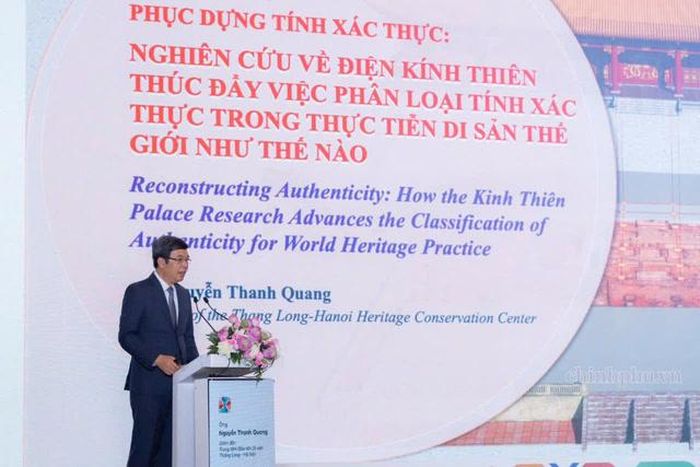 Ông Nguyễn Thanh Quang - Giám đốc Trung tâm Bảo tồn Di sản Thăng Long - Hà Nội tham luận tại Hội nghị đối thoại Châu Á - Thái Bình Dương về di sản và tính xác thực. Ảnh: Chinhphu.vn