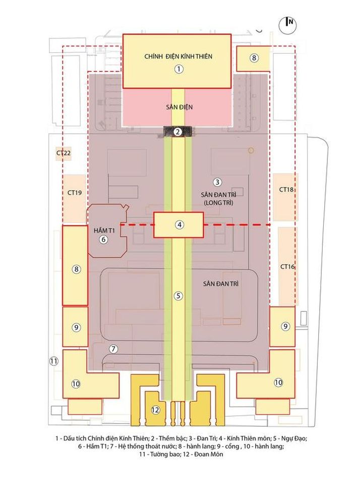 Cấu trúc của thềm bậc phía Nam hiện nay đã được nâng lên và thu hẹp lối đi giữa để phù hợp với điện Long Thiên theo quy chế hành cung thời Nguyễn. Ảnh: Trung tâm Bảo tồn Di sản Thăng Long - Hà Nội