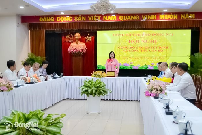 Thành ủy viên, Phó Chủ tịch UBND thành phố Nguyễn Thị Hoàng phát biểu tại hội nghị. Ảnh: Phương Hằng