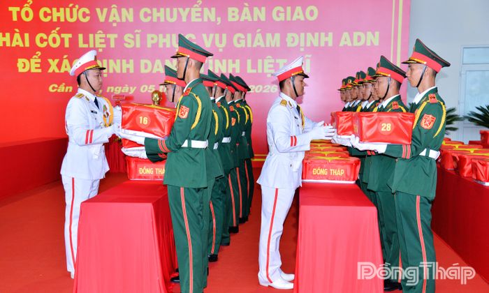 Vận chuyển các mẫu hài cốt liệt sĩ của tỉnh Đồng Tháp lên máy bay.