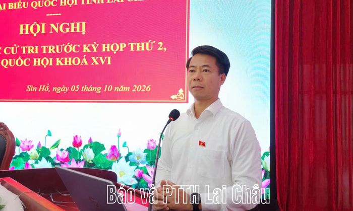 Đồng chí Hoàng Quốc Khánh - Phó Trưởng Đoàn chuyên trách Đoàn ĐBQH tỉnh phát biểu kết luận buổi tiếp xúc cử tri.