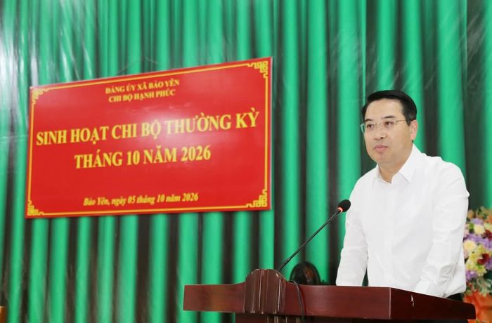 Đồng chí Phó Bí thư Tỉnh ủy, Chủ tịch UBND tỉnh Nguyễn Tuấn Anh phát biểu tại buổi sinh hoạt Chi bộ Hạnh Phúc.