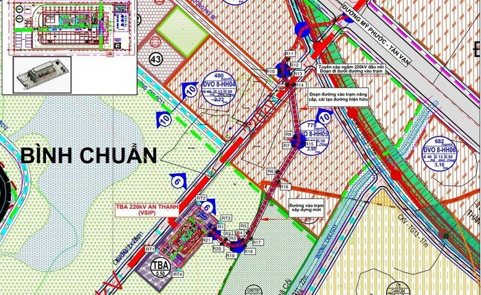 Mặt bằng tuyến của Dự án Trạm biến áp 220kV An Thạnh (VSIP) và đường dây đấu nối. Ảnh: EVNNPT