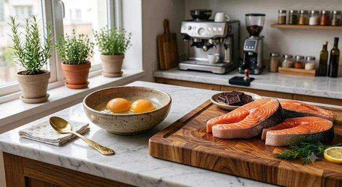 Cá béo và lòng đỏ trứng giàu vitamin D giúp tăng hấp thụ magie. Ảnh minh họa AI
