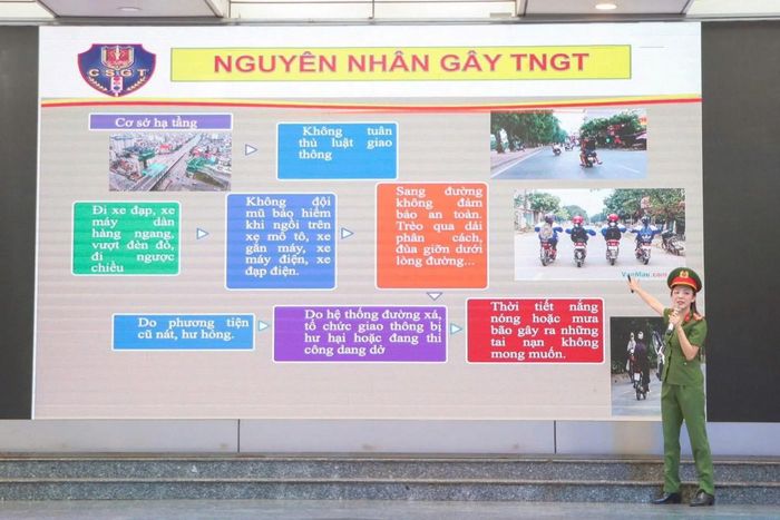Công an phường Nghĩa Đô tham dự, tuyên truyền, giáo dục ý thức chấp hành pháp luật và kỹ năng tham gia giao thông an toàn cho học sinh Trường Tiểu học Nghĩa Tân. Ảnh Trường Tiểu học Nghĩa Tân.
