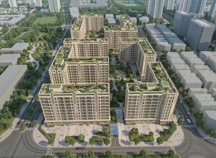 Phối cảnh dự án nhà ở cho lực lượng vũ trang thuộc Tổng cục II tại phường Tây Tựu do Taseco Land triển khai. Dự án này nằm trong phạm vi Quy hoạch Khu chức năng đô thị Thượng Cát. Nguồn: TAL