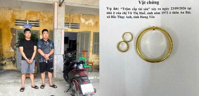 Đối tượng Vũ Duy Phương, Đăng Đức Phúc cùng tang vật trộm cắp. Ảnh: Cơ quan Công an.