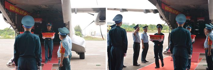 Các mẫu hài cốt liệt sĩ được đưa vào khu vực làm lễ tại sân bay Gia Lâm. Ảnh: Tuấn Anh.