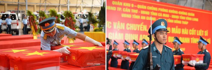 Cán bộ kiểm tra, sắp xếp các thùng chứa mẫu hài cốt liệt sĩ trước khi bàn giao. Ảnh: Tuấn Anh