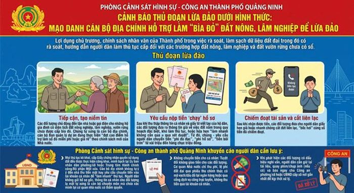 Cảnh giác với thủ đoạn mạo danh cán bộ địa chính hỗ trợ làm bìa đỏ; đất nông, lâm nghiệp để lừa đảo. Ảnh: CAQN.