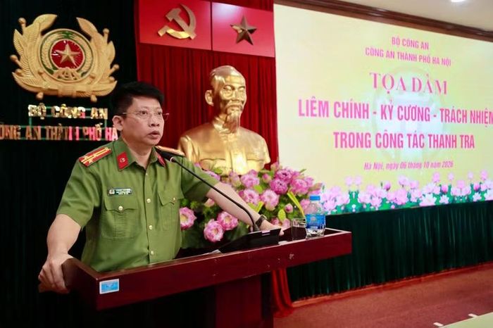 Thượng tá Hoàng Văn Điển - Phó Trưởng Phòng 7, Thanh tra Bộ Công an phát biểu tại toạ đàm