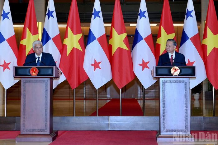 Tổng Bí thư, Chủ tịch nước Tô Lâm và Tổng thống Cộng hòa Panama Jose Raul Mulino gặp gỡ báo chí sau hội đàm.