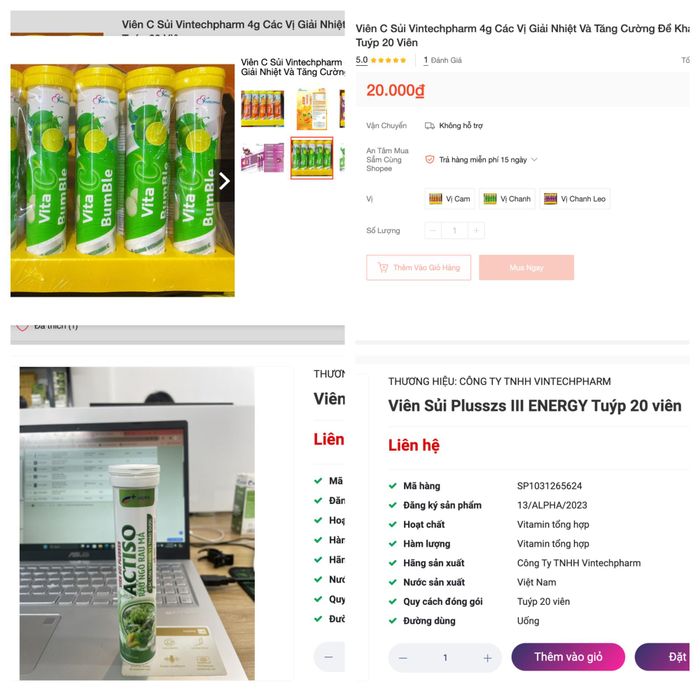 Một số sản phẩm viên sủi mang thương hiệu Vintechpharm được rao bán trên mạng. Ảnh chụp màn hình 