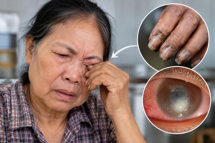 Dụi mắt bằng tay chưa được vệ sinh sạch làm tăng nguy cơ nhiễm trùng giác mạc. Ảnh minh họa