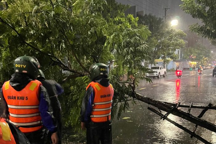 Lực lượng chức năng xử lý cây ngã đổ tại phường Hòa Khánh (TP Đà Nẵng) do mưa lớn kéo dài trong đêm 12-9. Ảnh: Phường Hòa Khánh