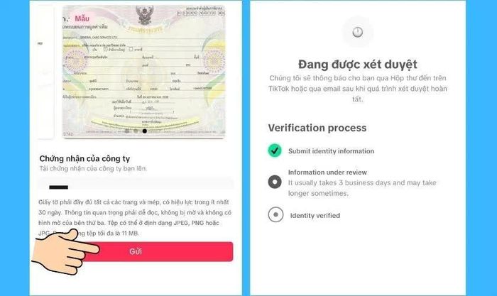 Kiểm tra lại hồ sơ rồi nhấn Gửi để hoàn tất quá trình đăng ký xác minh.