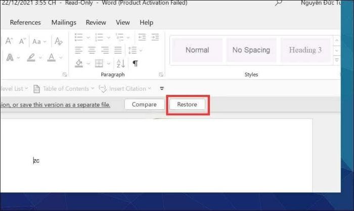 Nhấn Restore để phục hồi phiên bản đã chọn.