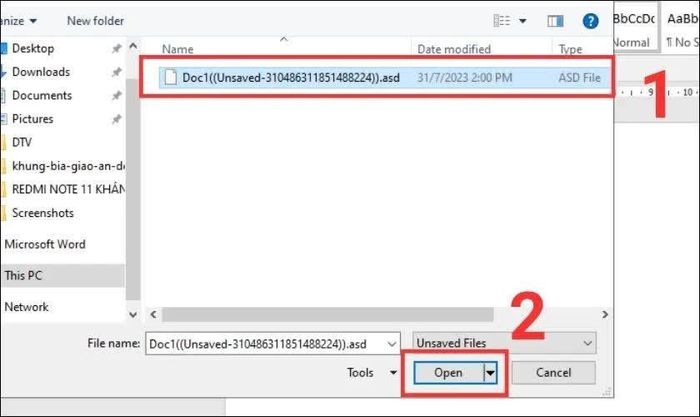 Word sẽ hiển thị danh sách những tài liệu chưa được lưu gần đây.