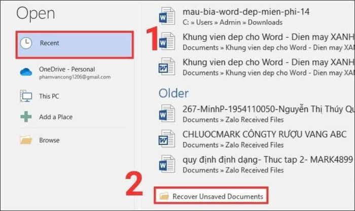 Trong giao diện tiếp theo, chọn Recent.
