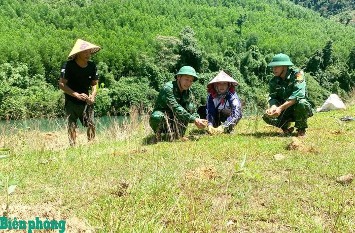 Cán bộ, chiến sĩ Đồn Biên phòng Bản Giàng hỗ trợ, hướng dẫn cách trồng cây keo cho bà con dân bản. Ảnh: Thanh Giang