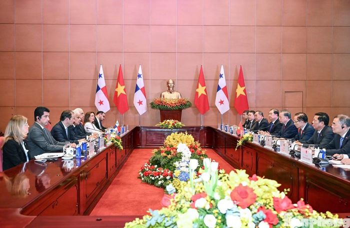 Hai nhà lãnh đạo và quan chức cấp cao hai nước trong cuộc hội đàm. Ảnh: Như Ý