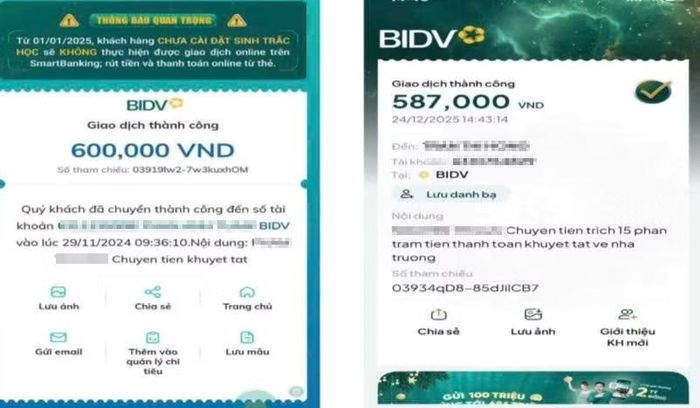 Các giao dịch chuyển khoản của giáo viên có ghi "trích 15% tiền thanh toán khuyết tật".