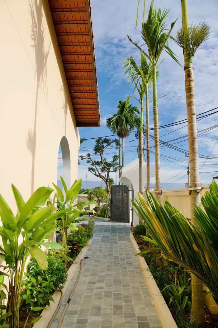 Dọc hàng lang bên hông nhà được trồng nhiều loại cây, hoa quen thuộc ở vùng nông thôn như cau, chuối...