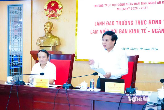 Phó Chủ tịch HĐND tỉnh Nguyễn Như Khôi phát biểu nhấn mạnh yêu cầu Ban Kinh tế - Ngân sách HĐND tỉnh cần phát huy bản lĩnh, tri thức, đảm bảo nâng cao chất lượng hoạt động. Ảnh: Mai Hoa