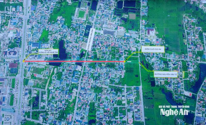 Dự án đường quy hoạch 24 m xã Nghi Phú, nối đường Xô viết Nghệ Tĩnh với đường Nguyễn Văn Tố và chống ngập úng cục bộ đường Xô viết Nghệ Tĩnh (vạch đỏ). Ảnh: Thành Duy