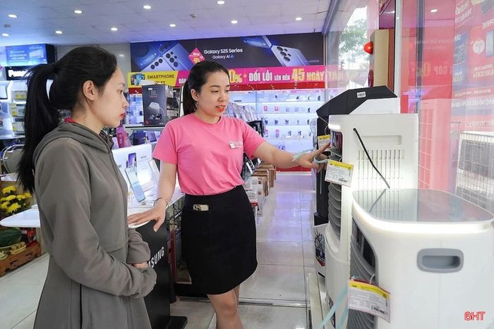 Khách hàng tại cửa hàng Điện Máy Xanh (phường Thành Sen) dành thời gian tìm hiểu tính năng, mức tiêu thụ điện của sản phẩm trước khi quyết định mua.