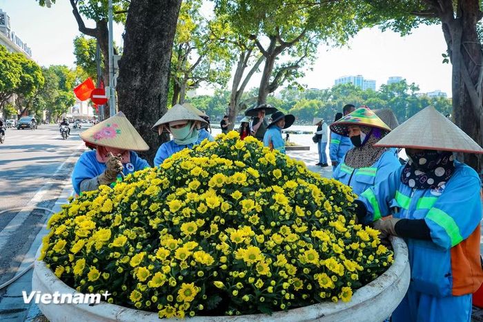 Từ nhiều ngày nay, công tác trang hoàng đô thị đã được triển khai đồng bộ và ấn tượng tại tất cả các khu vực trung tâm. (Ảnh: Hoài Nam/Vietnam+)