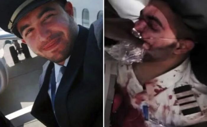 Bên trái: Hamam al-Hammami, phi công phụ bị cáo buộc tìm cách khống chế và làm rơi máy bay của Flydubai tới Israel trong một vụ tấn công khủng bố ngày 30/9/2026. Ảnh bên phải: al-Hammami sau khi bị khống chế và trói trên máy bay. Ảnh chụp màn hình Channel 12