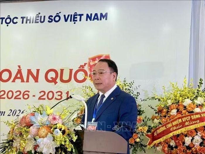 Ông Mã Thế Anh, Cục trưởng Cục Mỹ thuật Nhiếp ảnh và Triển lãm (Bộ Văn hoá Thể thao và Du lịch), Chủ tịch Hội Văn học nghệ thuật các dân tộc thiểu số Việt Nam khóa VII, nhiệm kỳ 2026 - 2031, phát biểu.