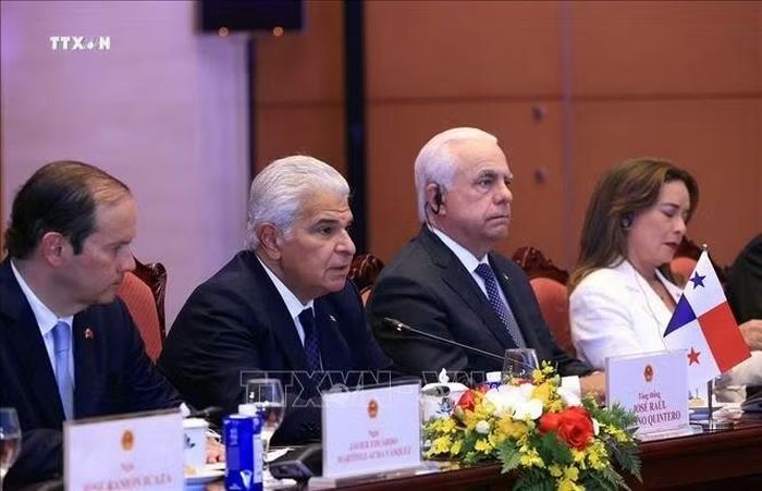Tổng thống Cộng hòa Panama José Raúl Mulino và thành viên đoàn Panama tại cuộc hội đàm với Tổng Bí thư, Chủ tịch nước Tô Lâm. Ảnh: Tuấn Anh/TTXVN