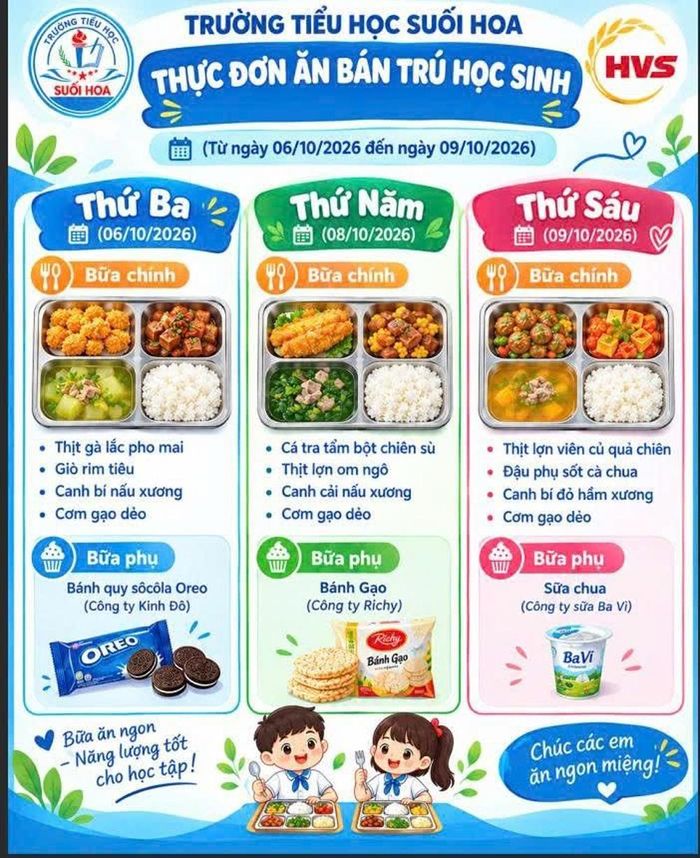  Trường Tiểu học Suối Hoa công khai thực đơn ăn bán trú cho phụ huynh và học sinh được rõ. 