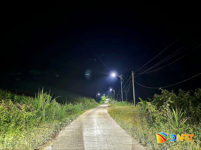 Hệ thống đèn năng lượng mặt trời thắp sáng tuyến đường từ thôn A Bát đến thôn Công Dồn. Ảnh: BÍCH TRINH