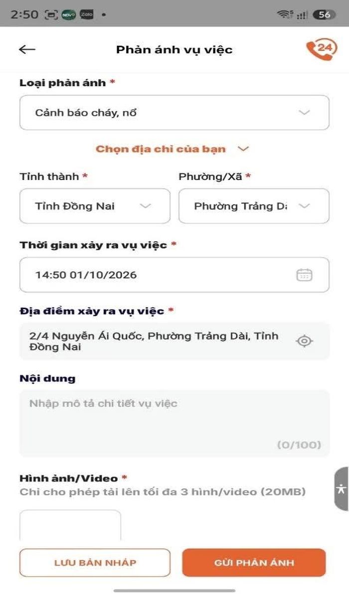 Hình ảnh giao diện của ứng dụng Báo cháy 114