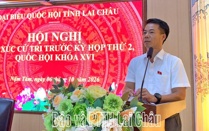 Đồng chí Hoàng Quốc Khánh - Phó Trưởng Đoàn chuyên trách Đoàn ĐBQH tỉnh phát biểu tại hội nghị.