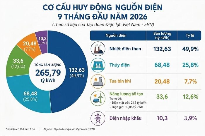Tỷ trọng huy động nguồn điện 9 tháng đầu năm 2026. (Ảnh: gemini hỗ trợ).