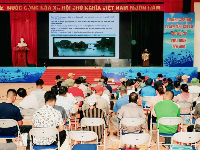Cán bộ Bộ đội Biên phòng TP. Hải Phòng tuyên truyền các quy định pháp luật về khai thác thủy sản cho ngư dân. Ảnh: Đông Hải