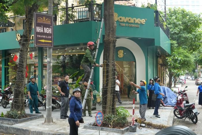 Đông đảo các lực lượng tham gia tháo dỡ, thu giữ các biển quảng cáo không đúng quy định trên địa bàn phường. Ảnh: Huy Hoàng