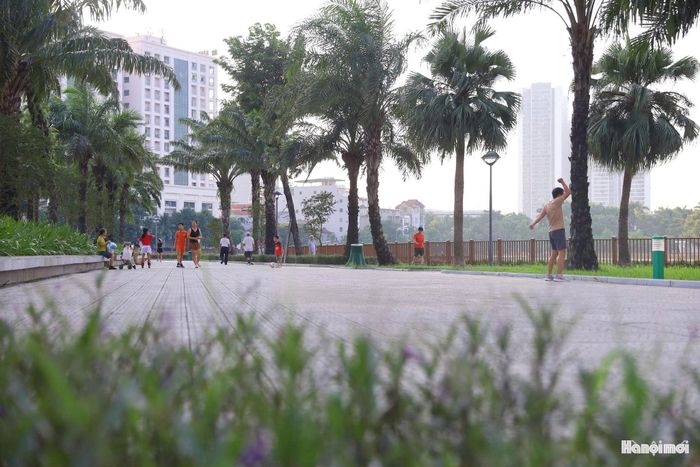 Người dân đi bộ, tập thể dục trên những tuyến đường dạo trong công viên vào buổi sáng.