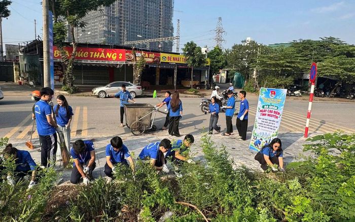 Thanh niên phường Hoàng Liệt chung tay làm đẹp cảnh quan. Ảnh: MTTQPHL