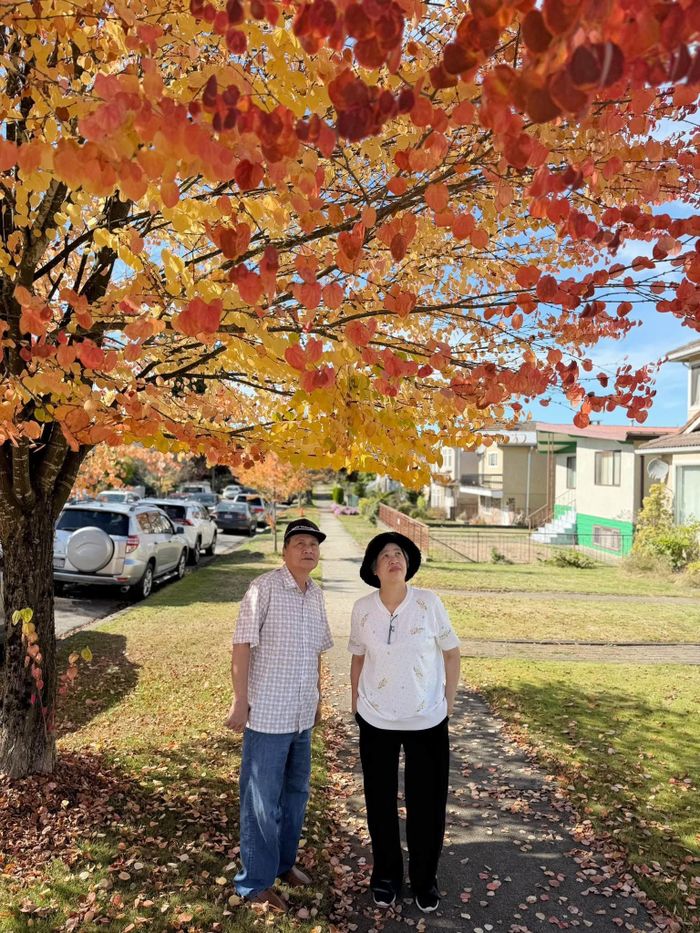 Nàng hậu viết: "Mùa thu thứ 2 ông bà ngoại đón tại Vancouver. Ông ngoại thích các cây lá tím - đỏ, bà ngoại thích những cây lá vàng, cam và đỏ tươi xen xanh".