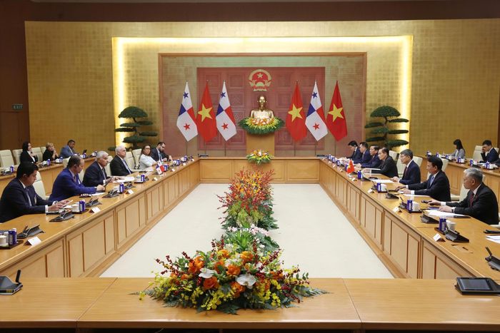 Đoàn cấp cao hai nước tại cuộc hội kiến. Việt Nam có vị trí chiến lược tại Đông Nam Á, là cửa ngõ vào ASEAN và thị trường châu Á - Thái Bình Dương, trong khi Panama là cầu nối giữa Bắc Mỹ và Nam Mỹ, giữ vai trò quan trọng trong mạng lưới hàng hải, logistics và thương mại quốc tế. Đây là những lợi thế bổ trợ, giúp Panama mở rộng kết nối với ASEAN và châu Á, còn Việt Nam tiếp cận sâu hơn thị trường Trung Mỹ và Mỹ Latin.