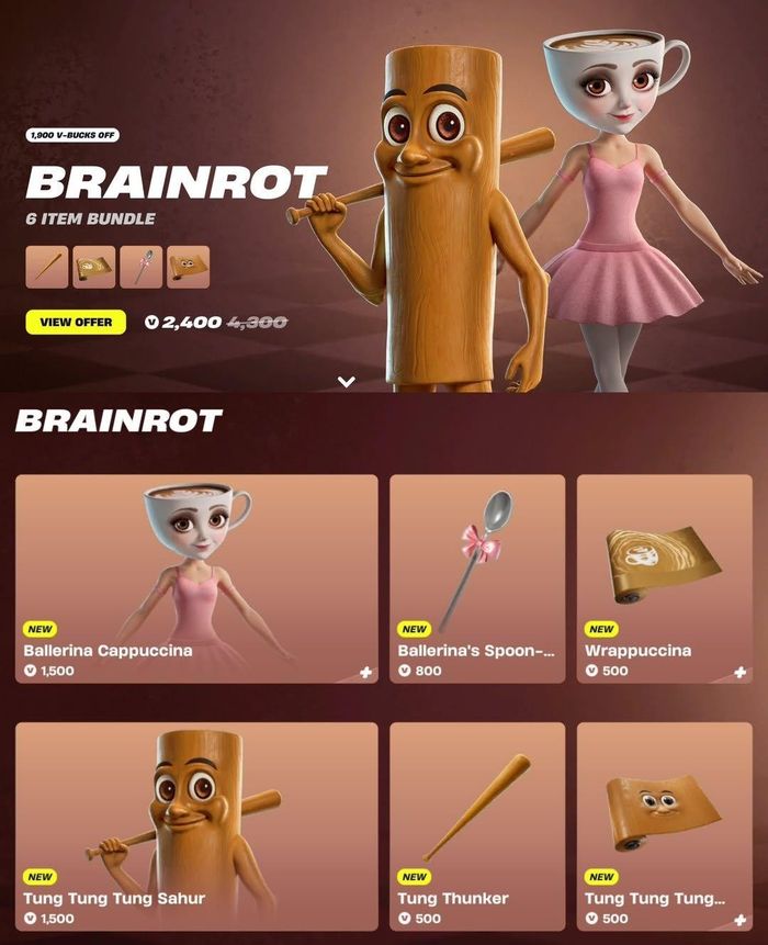  Tung Tung Tung Sahur và Ballerina Cappuccina trong cửa hàng vật phẩm của Fortnite. Ảnh: Fortnite News Source. 